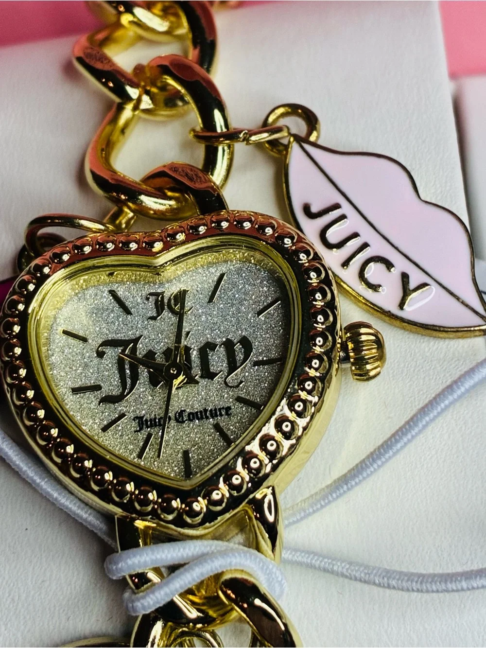 Juicy Couture Gold Heart Charm Watch with Pink Lip Charms